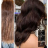 Före och efter-bild med October Stockholm True Colour i nyanserna "6 Dark Blond", "6.1 Ash Natural Dark Blond", och "6.73 Dark Cool Chocolate Blond", som visar en imponerande förvandling till en mörk, rik chokladbrun hårfärg.